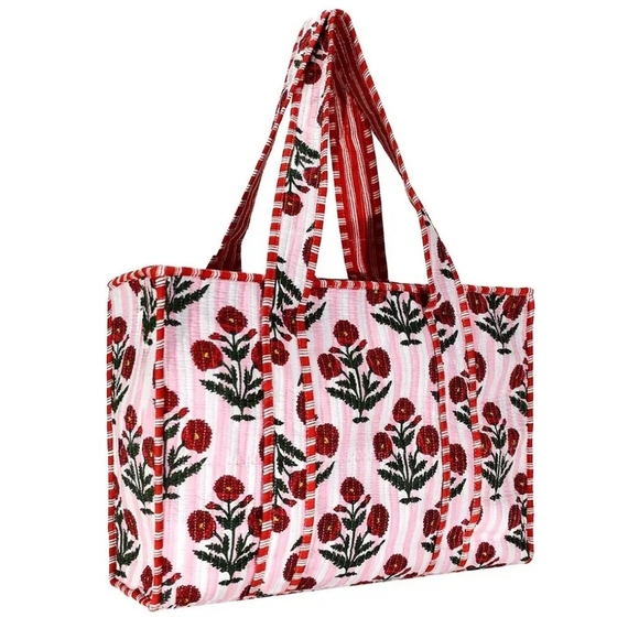 Handbags - Floral Pink & Red Tote Bag with Striped Handles